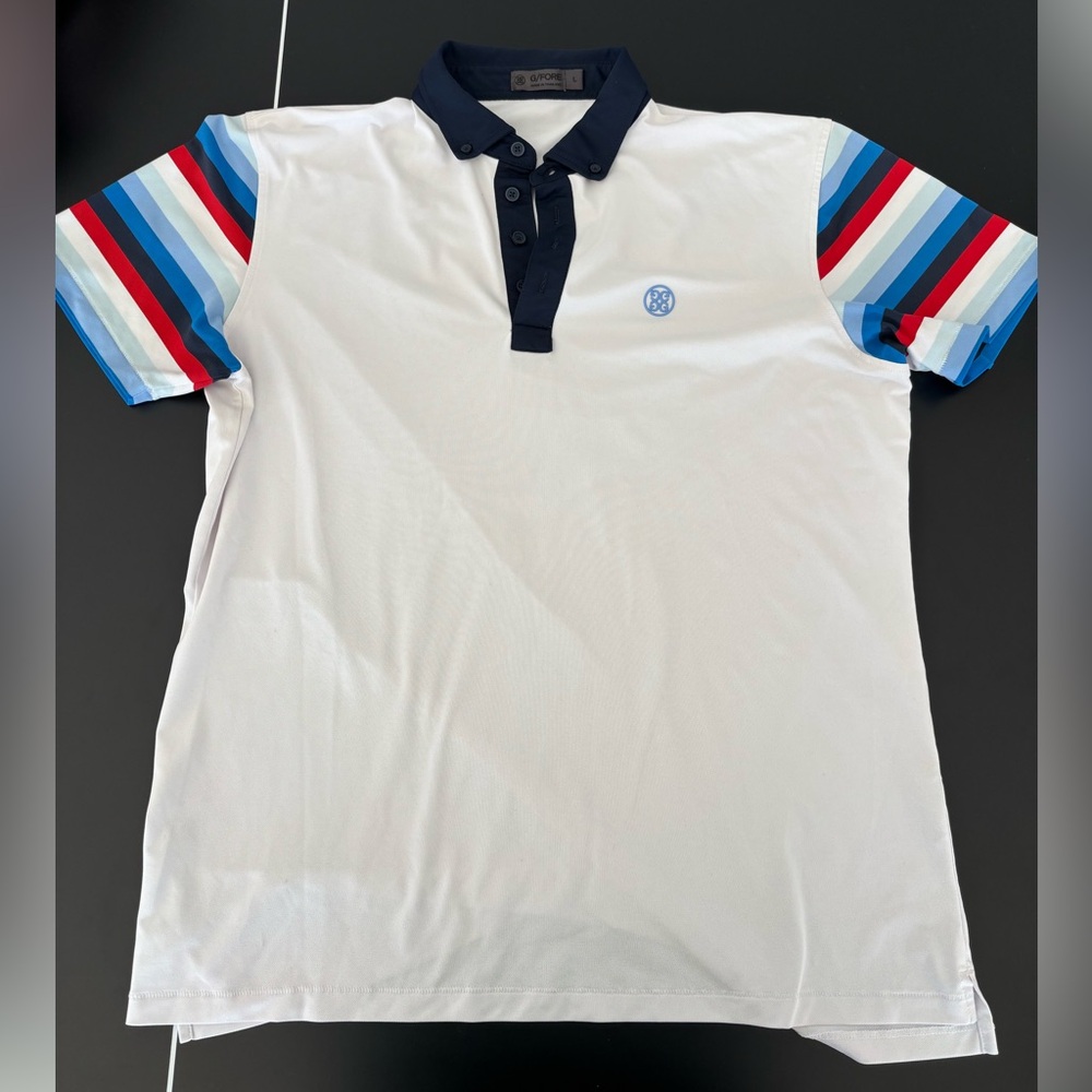 G/FORE White Polo Shirt with Multicolor Striped Sleeves